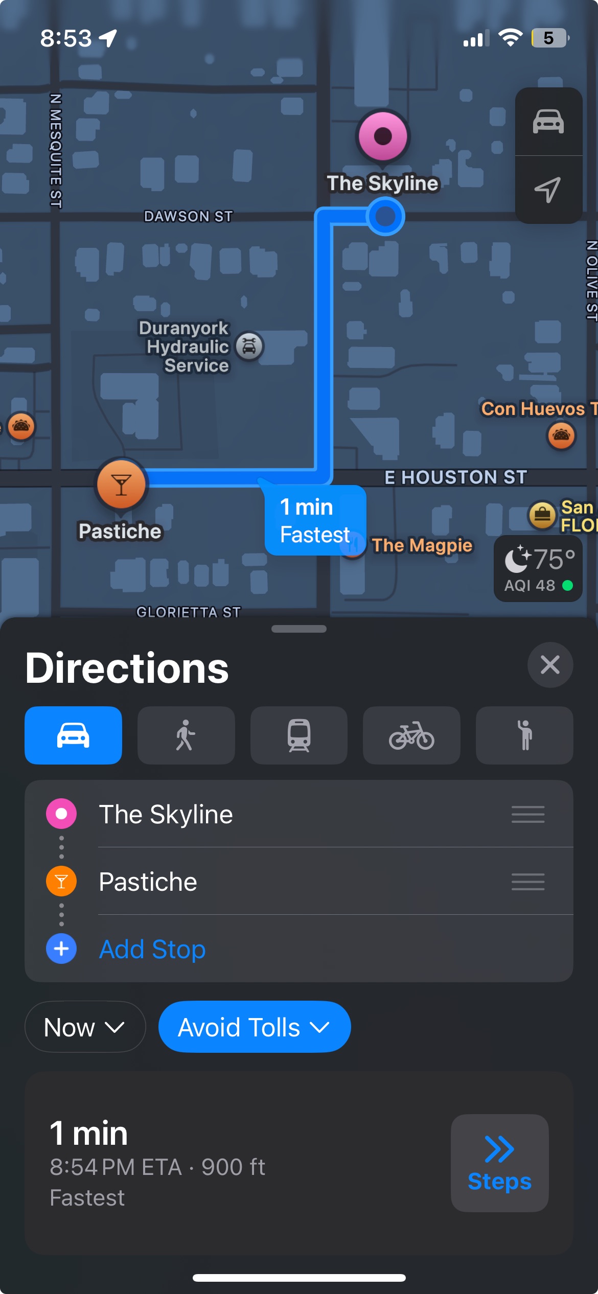 Walking map from Pastiche to The Skyline